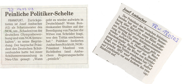 Zeitungsausschnitte Frankfurter Rundschau und Rheinzeitung vom 13.03.03